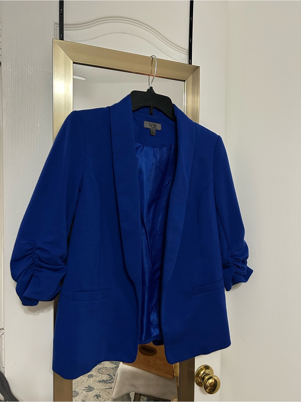 One by Chapter One - Royal Blue Open-Front Blazer with Ruched 3/4 Length Sleeves